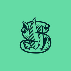 S letter landscape monochrome logo with leaves and dew drops.