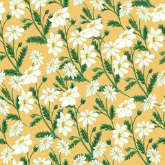 Seamless watercolor pattern with white daisies and green foliage on beige background. Vintage style. Сamomile floral pattern for wrapping paper, fabrics, invitations.
