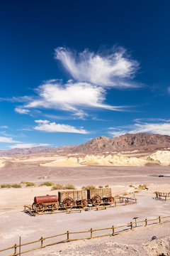 An old wagon train at the Harmony Borax works in Death Valley which is the lowest, hottest, driest place in the USA, with an average annual rainfall of around 2 inches, some years it does not