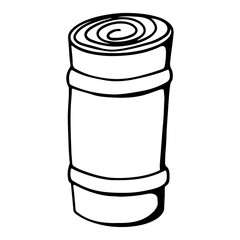 Digital illustration doodle outline single mat yoga mat in a roll with rubber bands. Print for stickers, posters, banners, invitations, business, fabrics and clothes.