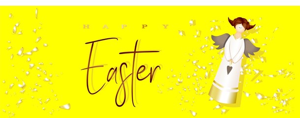 Easter poster and banner template with angel on a bright yellow background. Congratulations and gifts for Easter. Promotion and shopping template. Golden Confetti. Modern design.