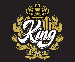 Vector template with calligraphic inscription king, crown and wreath on black background