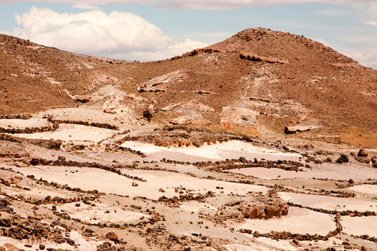 Field terraces above a Berber village in the Anti Atlas mountains of Morocco, North Africa. In recent years, rainfall totals have reduced by around 75% as a result of climate change. This has