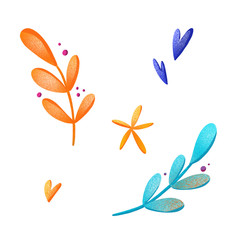 Digital illustration of a bright juicy textured twig with oval petals of orange and blue-turquoise. Print for stickers, posters, banners, invitations, business, fabrics and clothes.