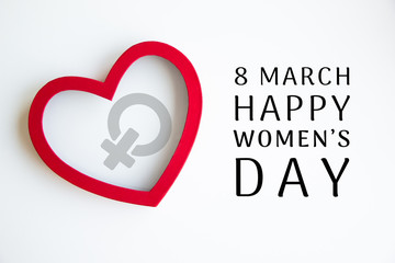 Happy 8 March International Women's Day lettering with red heart and female icon on white background