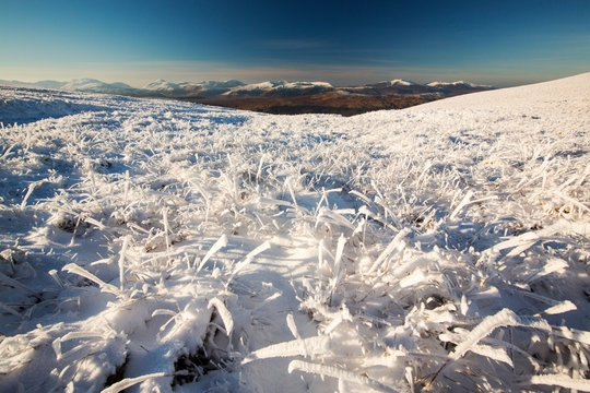 Looking across hoare frosted grass on the Helvellyn Range, Lake District, UK.