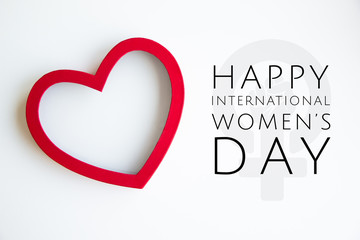 Happy 8 March International Women's Day lettering with red heart and girl power female icon on white background isolated