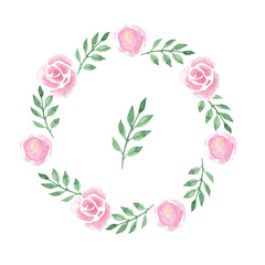 Light loose endless brush and wreath with watercolor roses for gift card, invitation, wedding menu. Floral illustration isolated on white background. Pastel color.