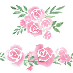 Light loose endless brush and wreath with watercolor roses for gift card, invitation, wedding menu. Floral illustration isolated on white background. Pastel color.