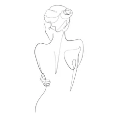 Wall murals One line Naked woman standing back one line drawing on white isolated background. Vector illustration 
