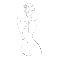 Papier Peint photo Lavable Pour elle Femme nue debout en arrière un dessin au trait sur fond isolé blanc. Illustration vectorielle