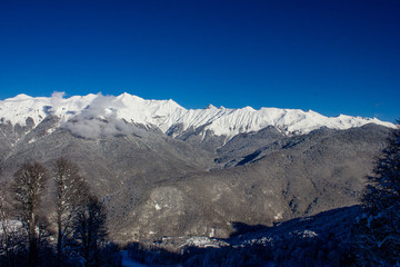 Fototapeta na wymiar Beautiful view of the snowy mountain peak in the Alps. Wonderful sunny weather. Sochi