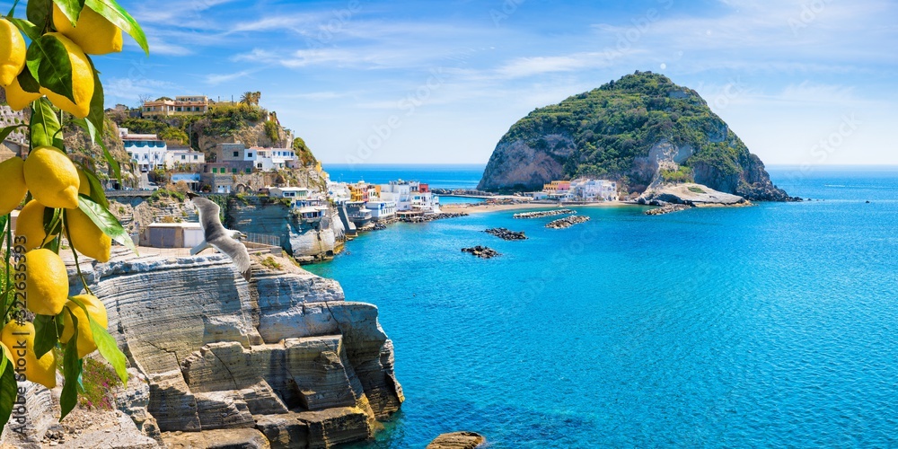 Wall mural rocky coast of sant'angelo, giant green rock in blue sea near ischia island, italy. sant'angelo is s - Wall murals