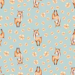 Wallpaper murals Little deer Watercolor cute nursery naive hand painted seamless pattern with deer forest woodland animal. Childish Handpainted print on mint background Watercolour Kids Art fabric wallpaper baby shower invit..