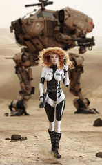 Sci fi armored curly red headed female approaching the camera with weapons draw and her large piloted walking mechanized vehicle transportation with desert camouflage in the background. 3d rendering - obrazy, fototapety, plakaty