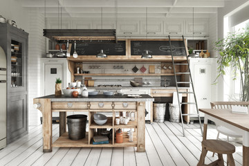 Scandinavian contemporary style kitchen with eating area and simplistic rustic wood accents. 3d rendering