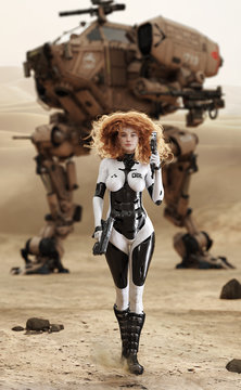 Sci fi armored curly red headed female approaching the camera with weapons draw and her large piloted walking mechanized vehicle transportation with desert camouflage in the background. 3d rendering