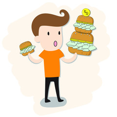 A Man Holding Money Hamburger and select bigger peices. Business concept.