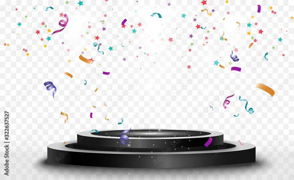 Poster Lots of colorful tiny confetti and ribbons on transparent background. Festive event and party. Multicolor background. Colorful bright confetti isolated on the podium.