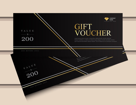 Gift voucher template with glitter gold luxury elements. Vector illustration. Design for invitation, certificate, gift coupon, ticket, voucher.