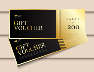 Gift voucher template with glitter gold luxury elements. Vector illustration. Design for invitation, certificate, gift coupon, ticket, voucher. - obrazy, fototapety, plakaty