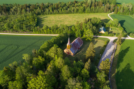 Aerial view of the Kehtna Peetri Kirik church, Lellapere, Rapla County, Estonia
