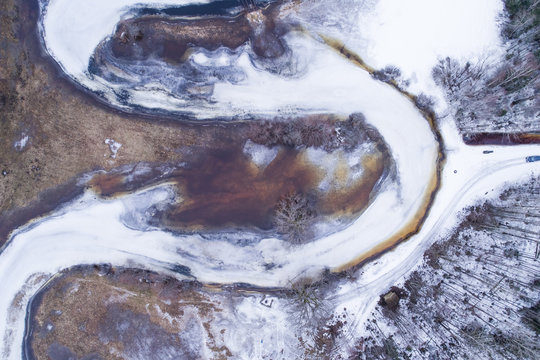 Aerial view of a frozen river in Sandra, Viljandi County, Estonia
