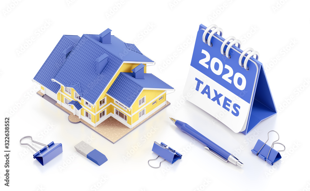 Fototapete property taxes 2020. 3d model of a house beside of a calendar and stationery accessories and all of 