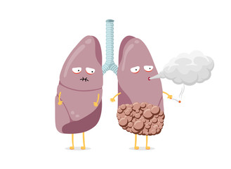Unhealthy sick lungs cartoon character smoking cigarette. Human respiratory system internal organ with cancer blows smoke and having poor health. Bad dangerous habit addiction vector illustration
