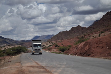 Pickup truck on a road in the Bolivian Andes
