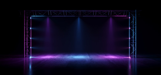 Neon Glowing Stage Purple Blue Laser Fluorescent Retro Modern Futuristic Sci Fi Pantone Vibrant Cement Club Dance Fashion Catwalk Dark Night Grunge 3D Rendering