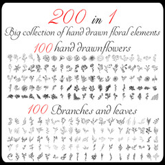 Fototapeta premium Huge collection of 200 hand-drawn floral elements. Big collection of 100 hand-drawn flowers and 100 brunches and leaves. Big floral botanical set isolated on a white background
