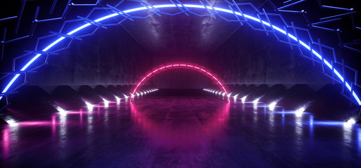 Neon Glowing Arc Stage Purple Blue Metal Construction Concrete Tunnel Corridor Hall Studio Cyber Spaceship Retro Modern Sci Fi Futuristic Lasers 3D Rendering