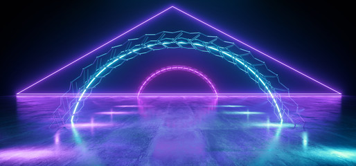 Neon Glowing Triangle Purple Blue Metal Construction Concrete Tunnel Corridor Hall Studio Cyber Spaceship Retro Modern Sci Fi Futuristic Lasers 3D Rendering