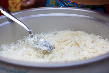 white boiled rice close up. healthy eat and diet concept. Steam cooked rice background. Boiled Basmati rice.