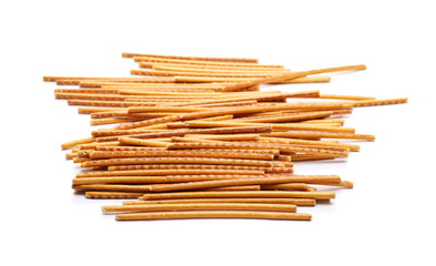 Salty cracker pretzel sticks isolated on white background