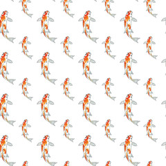 Seamless pattern of koi fish. Hand drawing sketch on white background. Watercolor illustration can be used in greeting cards, posters, flyers, banners, logo, further design etc.