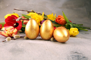 golden easter eggs and pussy willow cats and spring flower with tulips