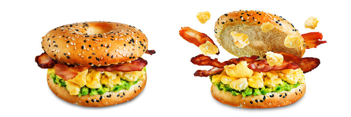 Fried bacon avocado cheese egg salad  bagel on a white isolated background