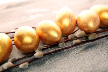 golden easter eggs and pussy willow cats. palmkitten and golden eggs for easter
