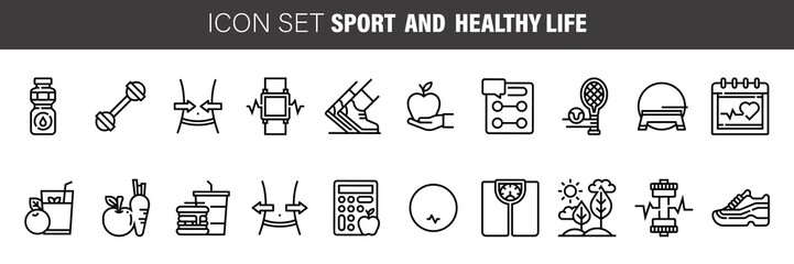 Set vector line icons healthy lifestyle, sport, fitness, running, healthy Food and Diet in flat design , with elements for web and apps.