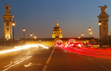 The cathedral of Saint Louis at night, Paris. View from Alexandre III bridge.