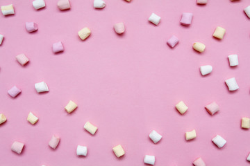 Marshmallow on pink background with copy spase. Marshmallow pastel pattern