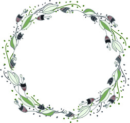 A wreath of unusual flowers. Illustration drawn in vector by hand. For cover design, Notepad, packaging, scrapbooking, things, poster, fabric.