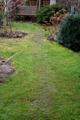 early spring in the garden - a well-trodden lawn