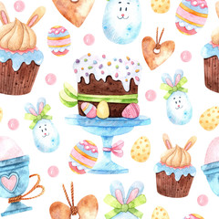 Seamless easter pattern with watercolor cupcakes with icing and topping, flowers and colored eggs. Great for design of paper, fabrics, packaging, souvenirs, textiles, gifts and more.
