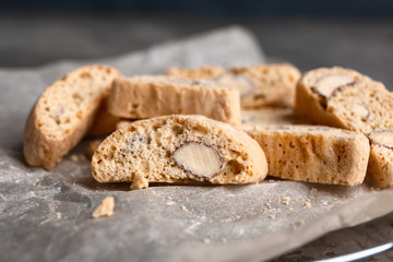 Sweet almond cookies on table, closeup