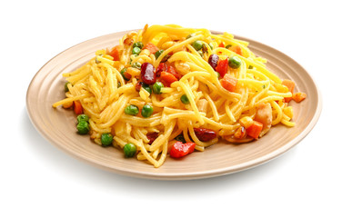 Plate with tasty pasta and vegetables on white background