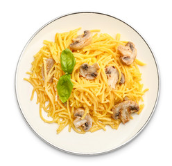 Plate with tasty pasta and mushrooms on white background