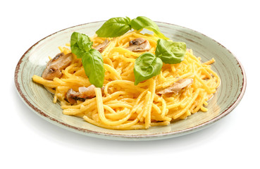 Plate with tasty pasta and mushrooms on white background